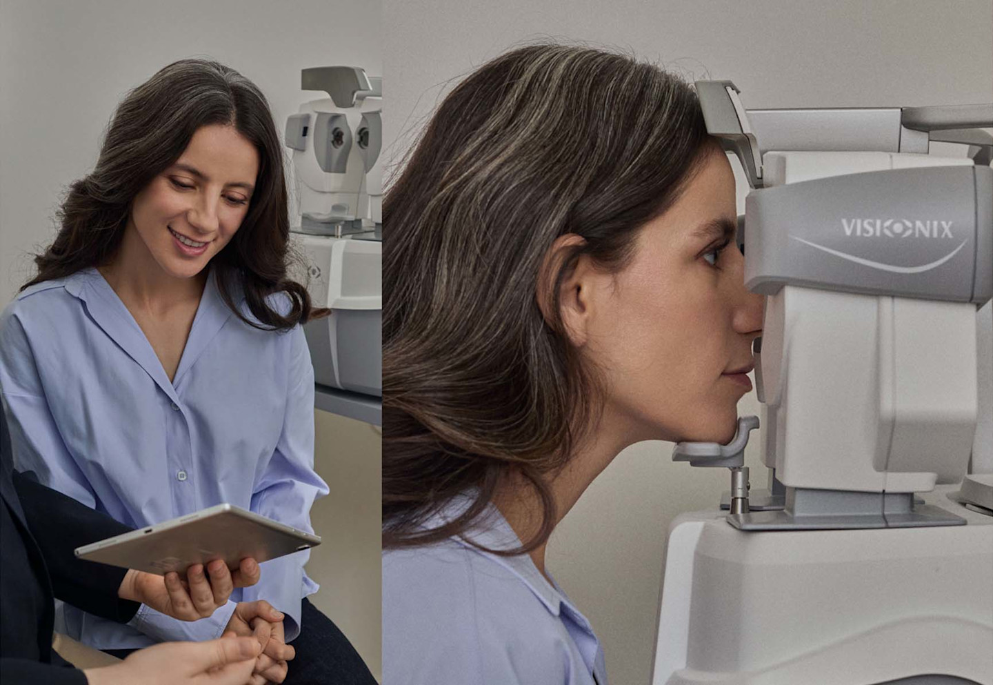 Eine Frau wird im Store beraten und macht einen Sehtest